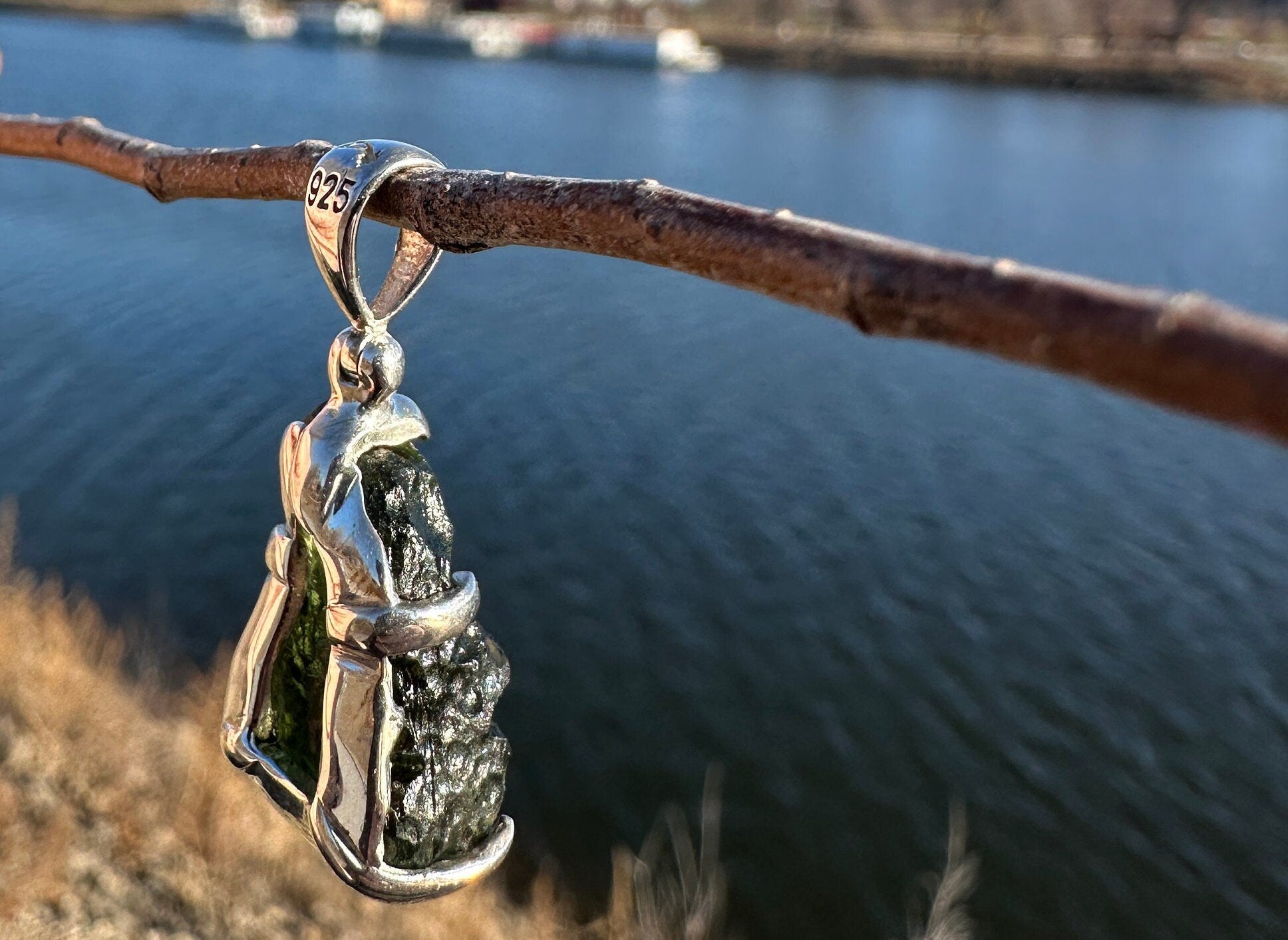 One (1) Moldavite 925 Pendant | Raw Rough Green Gemstone | Sterling Silver Authentic Necklace | Genuine Moldavite | Healing Stone