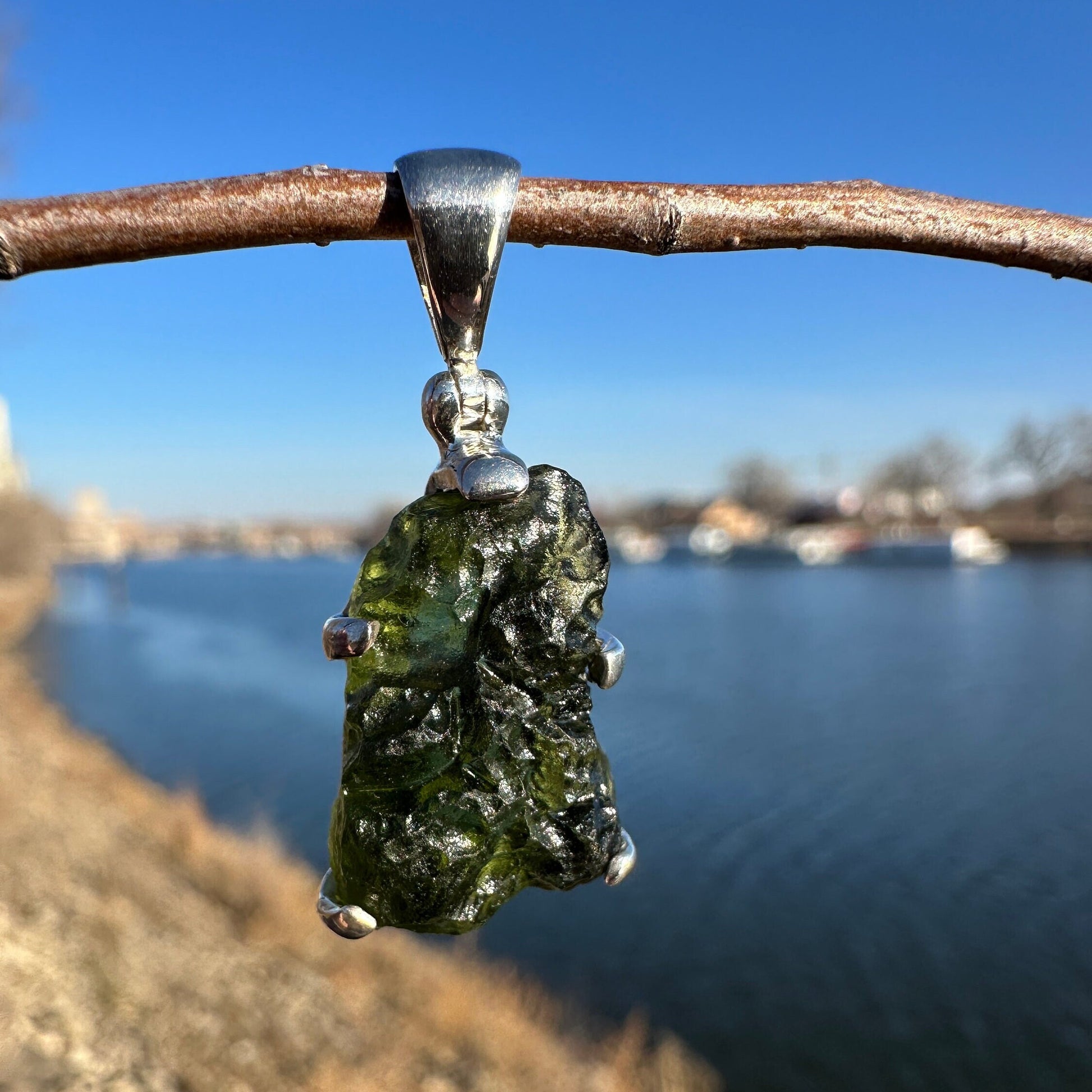 One (1) Moldavite 925 Pendant | Raw Rough Green Gemstone | Sterling Silver Authentic Necklace | Genuine Moldavite | Healing Stone