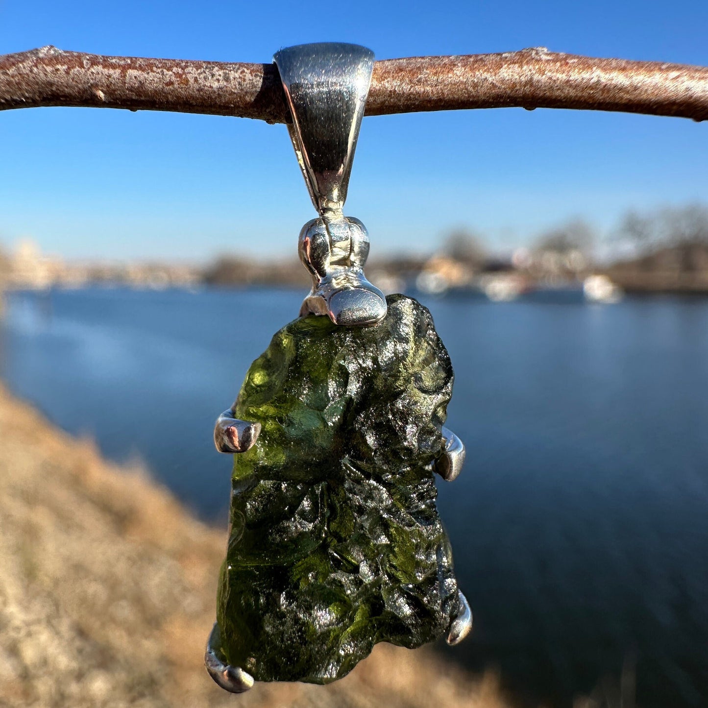 One (1) Moldavite 925 Pendant | Raw Rough Green Gemstone | Sterling Silver Authentic Necklace | Genuine Moldavite | Healing Stone