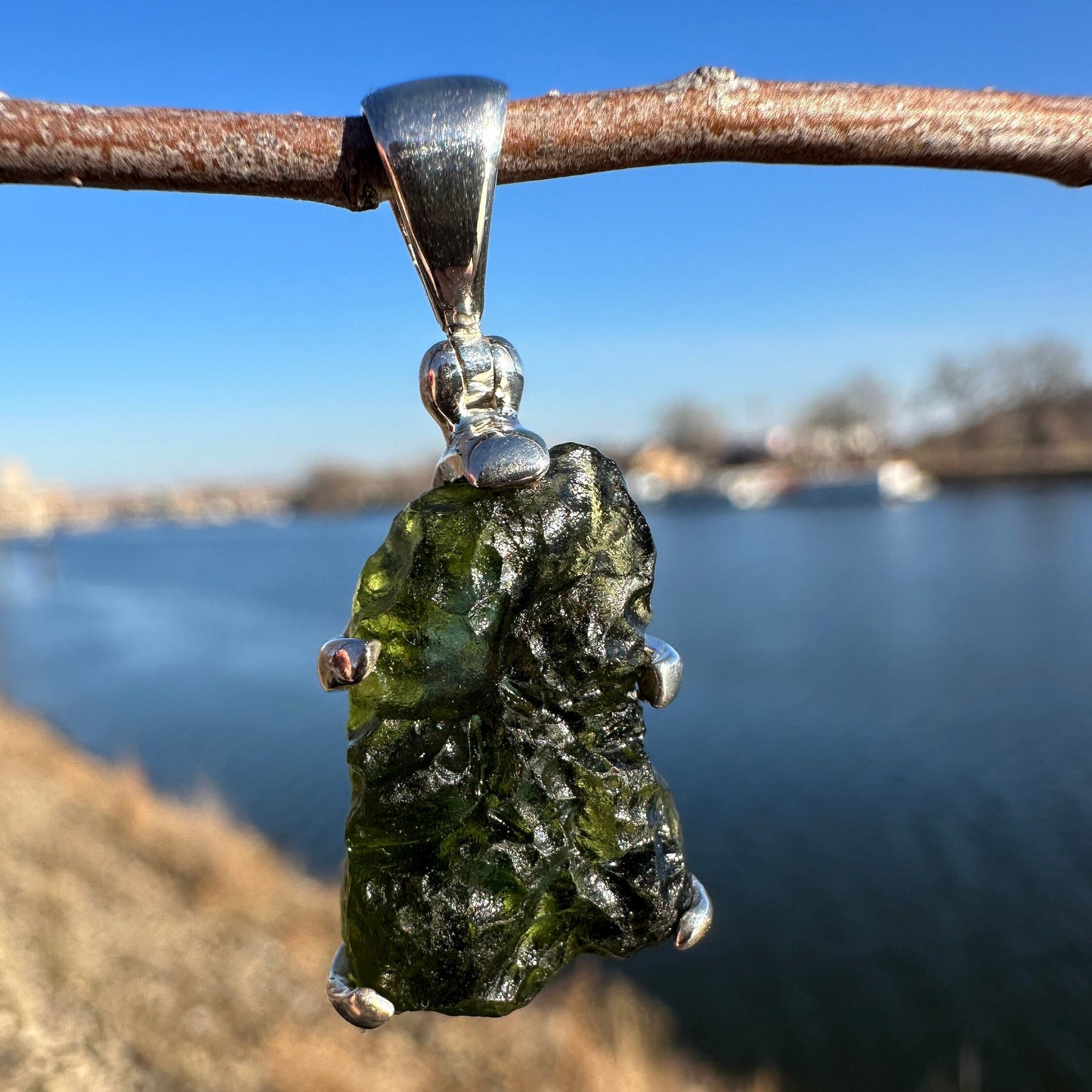 One (1) Moldavite 925 Pendant | Raw Rough Green Gemstone | Sterling Silver Authentic Necklace | Genuine Moldavite | Healing Stone