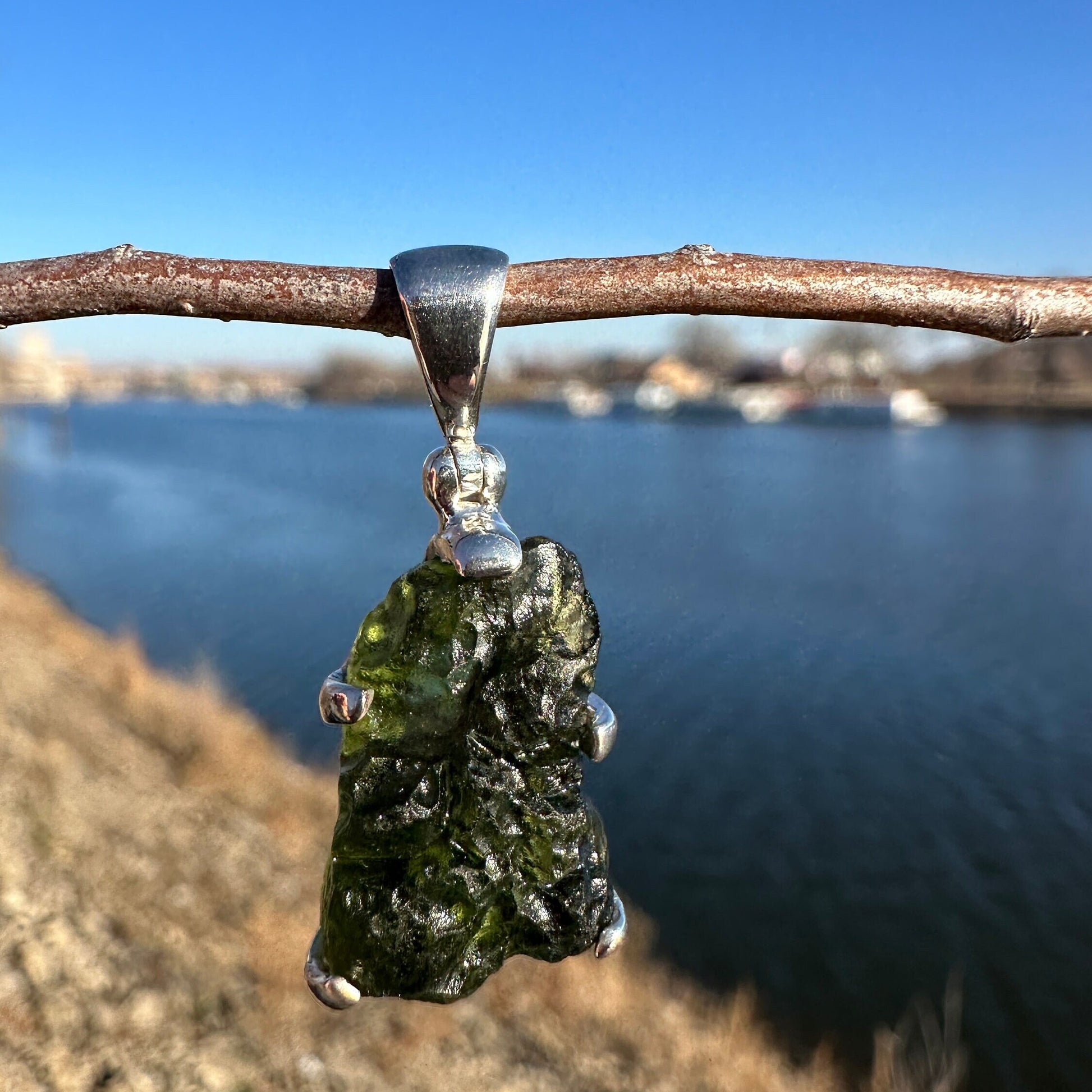 One (1) Moldavite 925 Pendant | Raw Rough Green Gemstone | Sterling Silver Authentic Necklace | Genuine Moldavite | Healing Stone