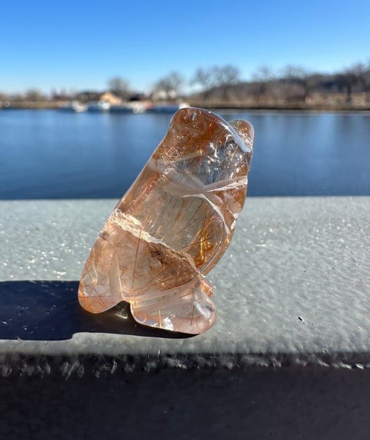 High Grade Golden Rutile Quartz Owl Carving from Brazil | Garden Quartz | Inclusion Quartz