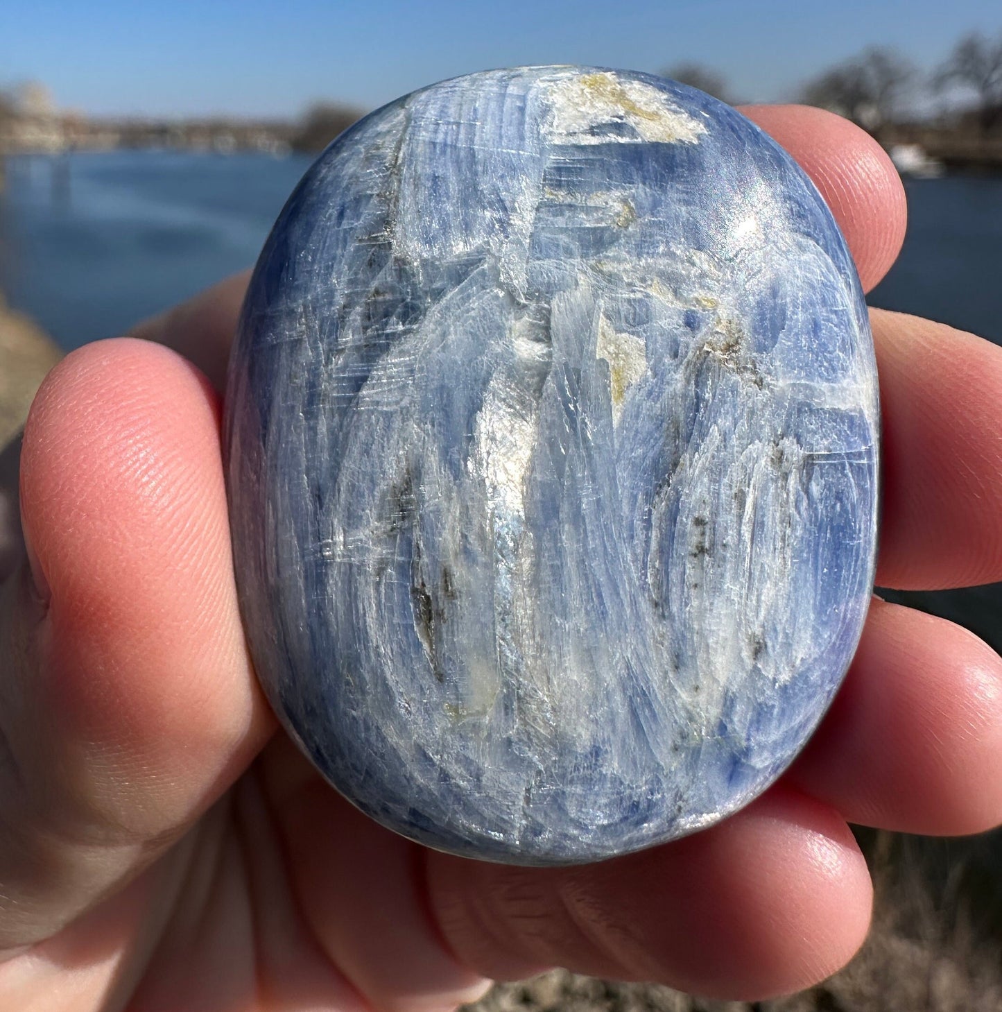 Gorgeous High Quality Polished Blue Kyanite Palm Stone from India | Tucson Exclusive