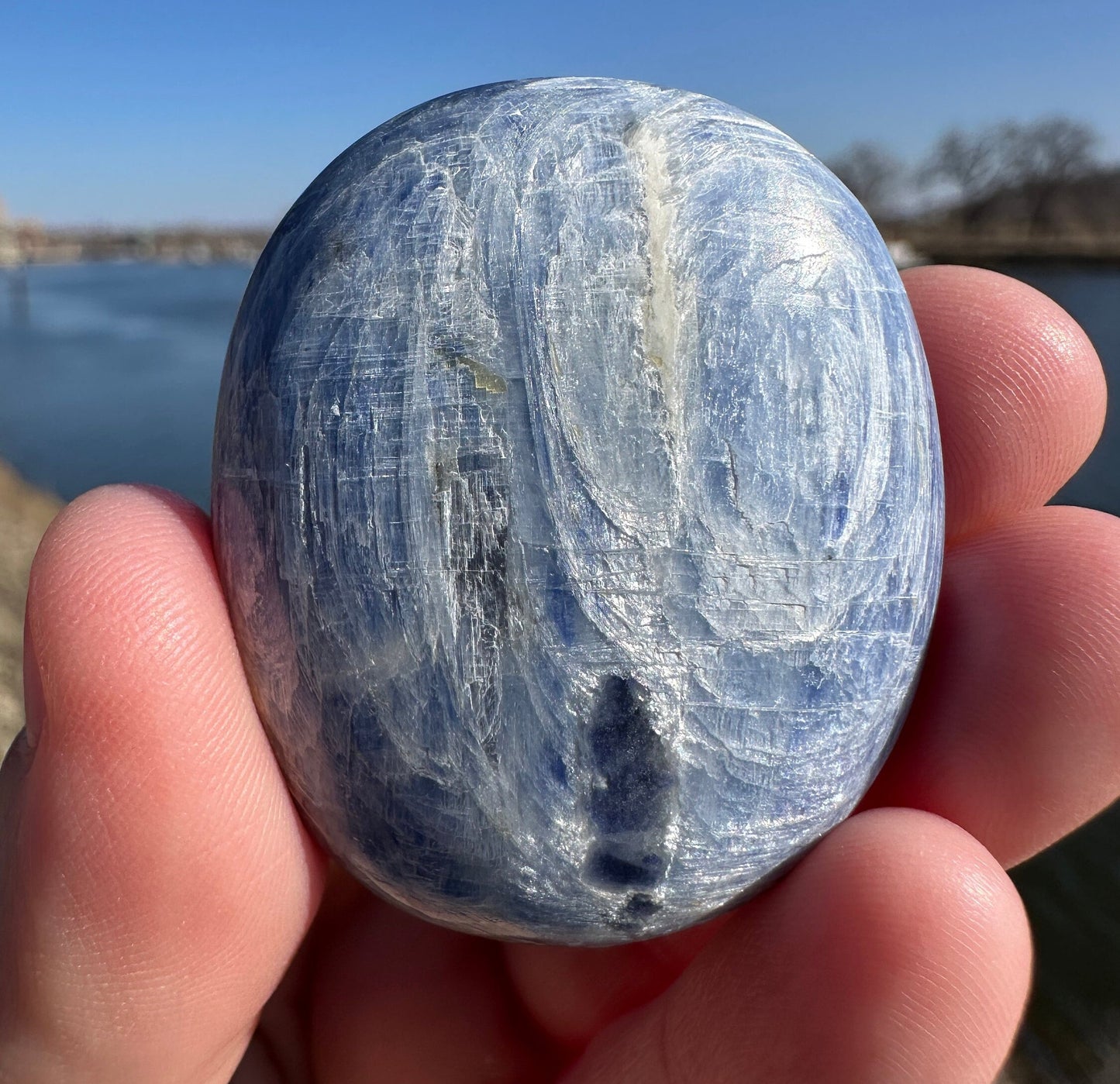 Gorgeous High Quality Polished Blue Kyanite Palm Stone from India | Tucson Exclusive