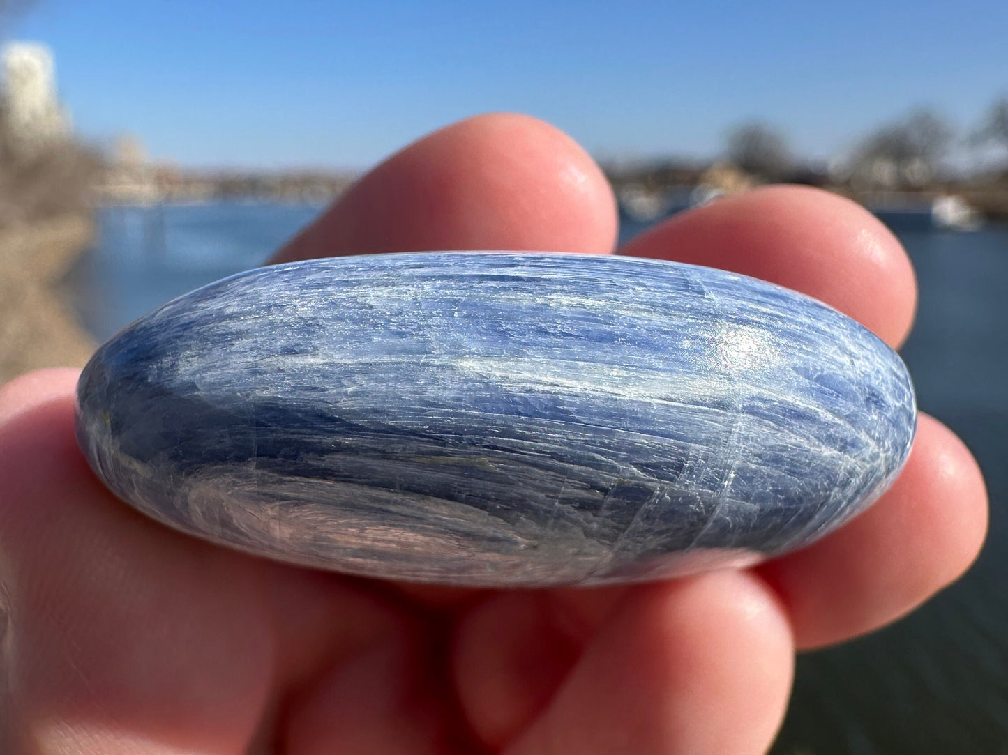 Gorgeous High Quality Polished Blue Kyanite Palm Stone from India | Tucson Exclusive